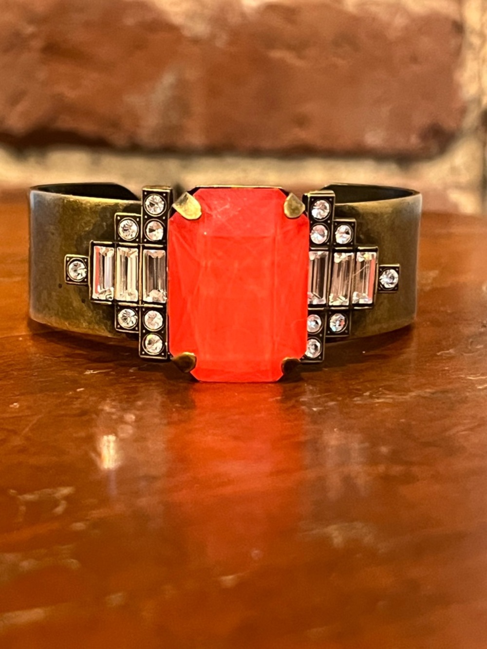 Loren Hope Red Statement Cuff Bracelet Art Deco Rhinestone Wide Bold Vintage